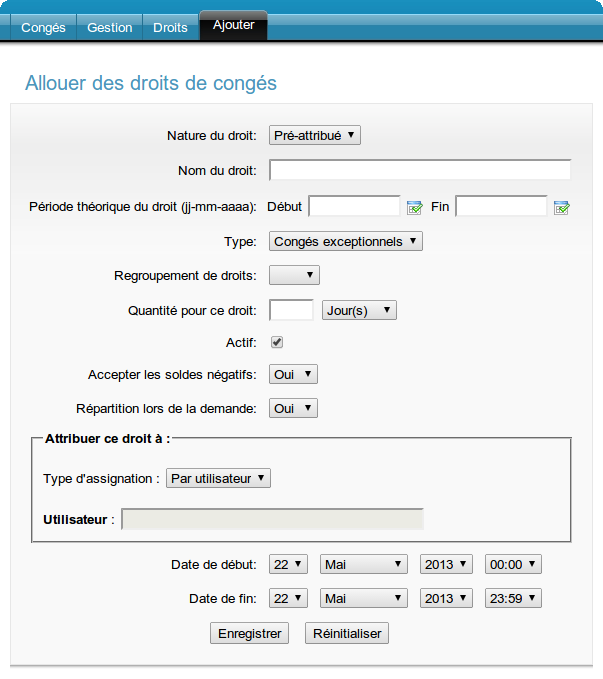 Formulaire de création d'un droit de nature "A dates fixes"