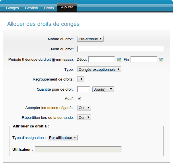 Formulaire de création d'un droit de nature "Par défaut"