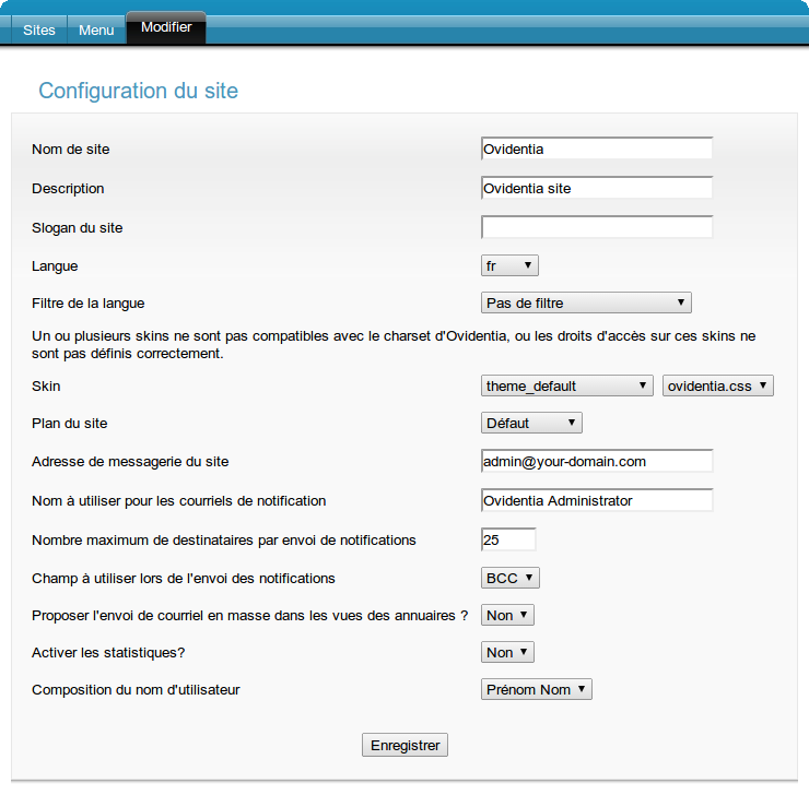Menu de configuration du site